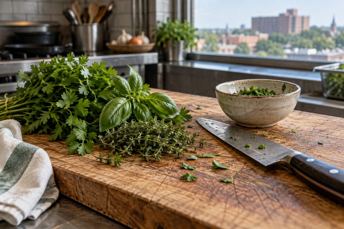 Herbs and cooking ingredients arranged on a kitchen board