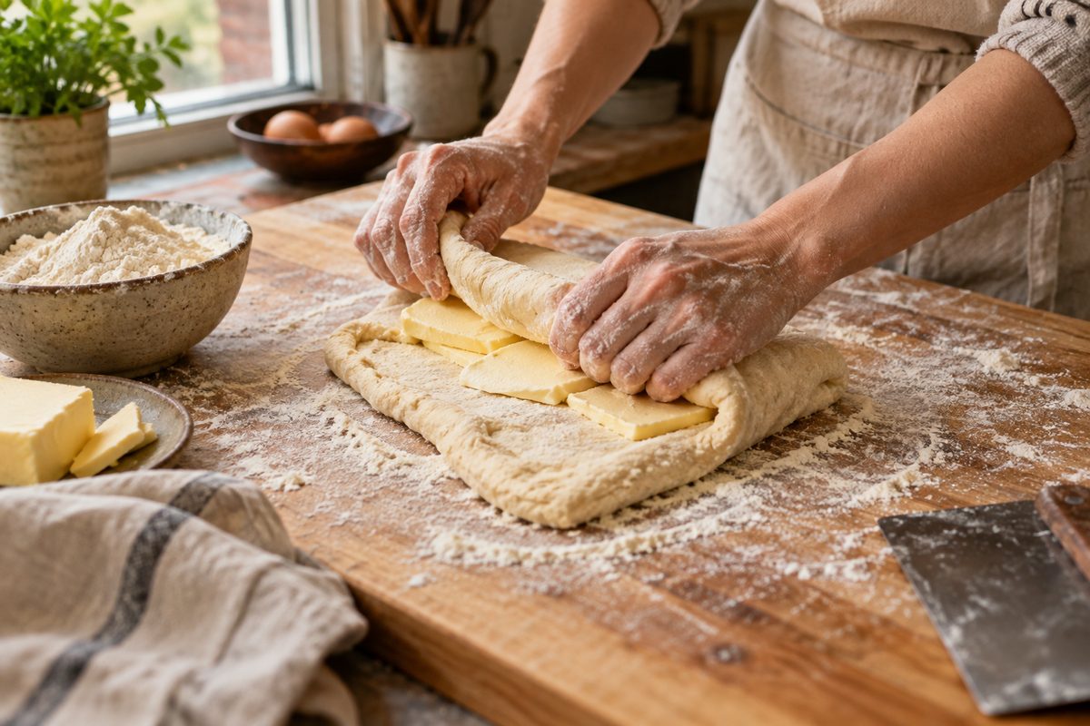 Baker's hands folding dough beside butter and flour