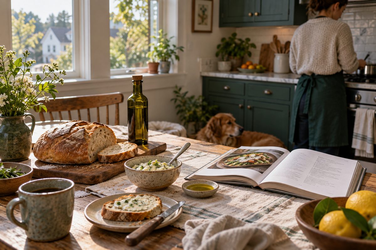 A warm working kitchen opening toward a dining room