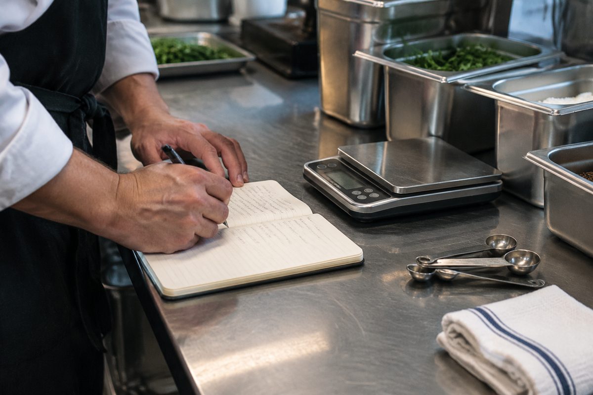 A chef noting batch quantities beside a scale and ingredient containers