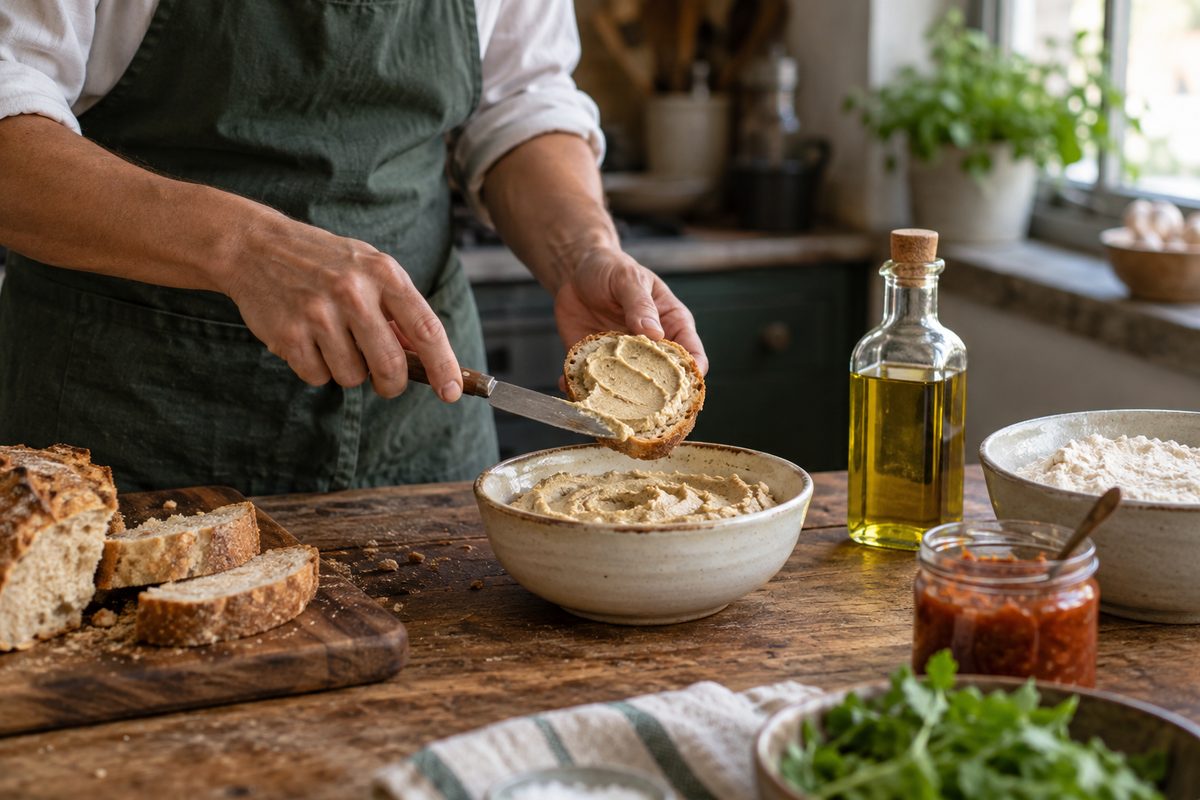 Hands arranging cooking ingredients on a warm kitchen worktop