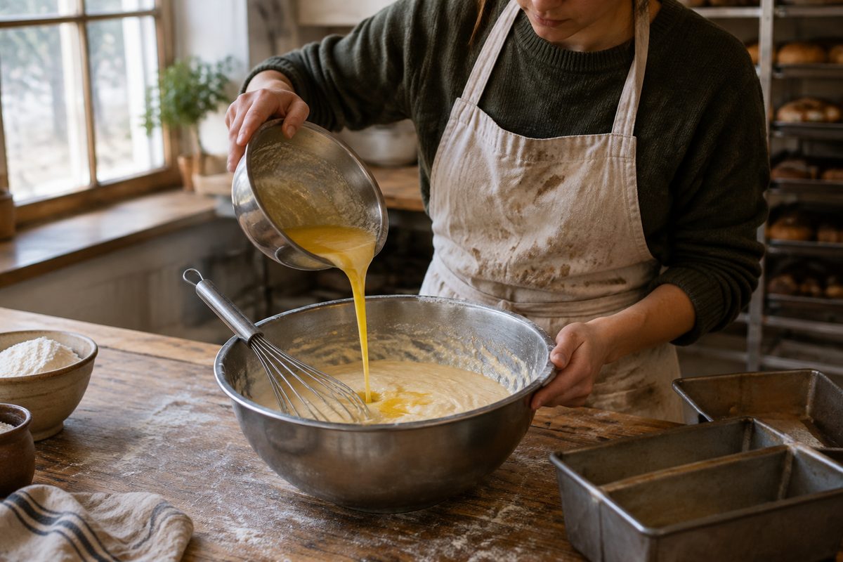 Melted butter being poured into cake batter beside a whisk and loaf tin