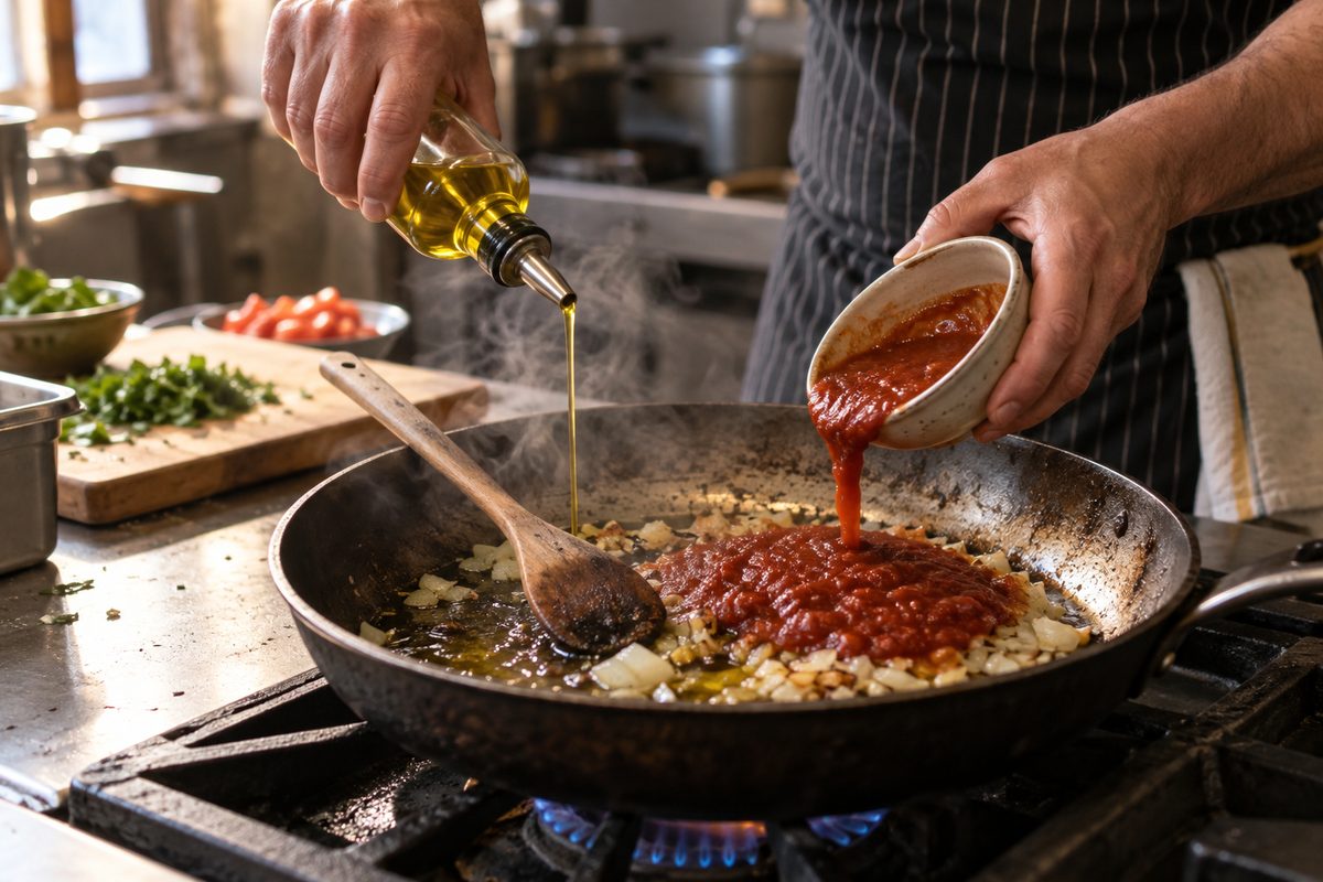 Cooking oil being poured into a pan on a working stove