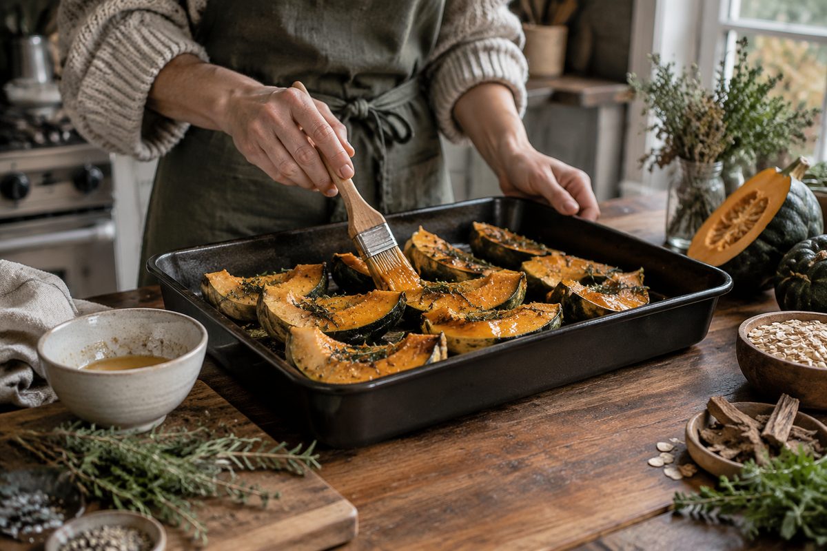 A cook brushing melted plant-based spread over squash wedges in a roasting tray