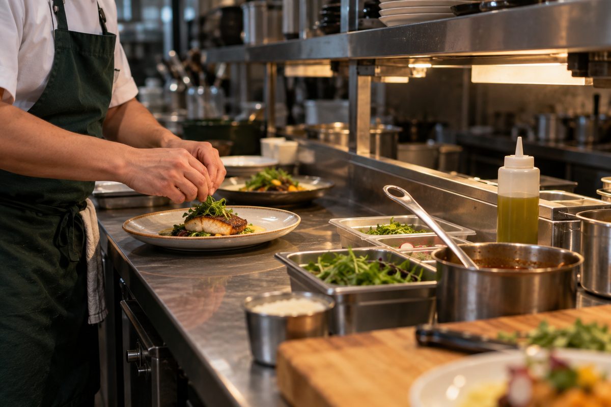 Foodservice workers finishing dishes at a busy kitchen pass