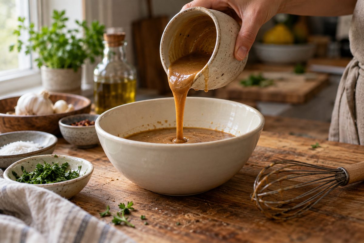 Sauce being stirred in a working pan